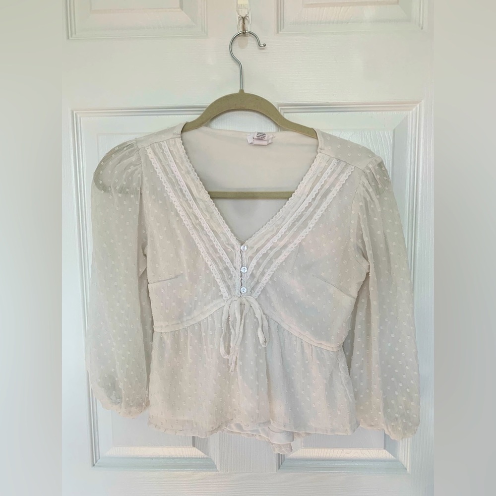 Japna White Long Sleeve Blouse V Neck Size XS